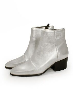The Kooples Metallic Grey Silver Moto Ankle Booties Boots Shoes